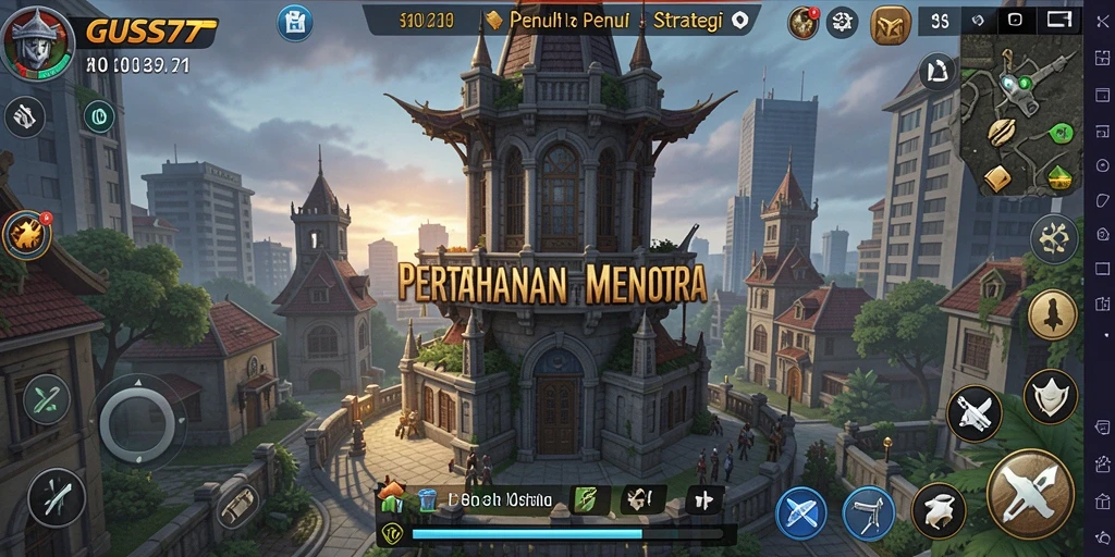 Screenshot gameplay GUS77 yang menunjukkan pertahanan menara yang strategis.