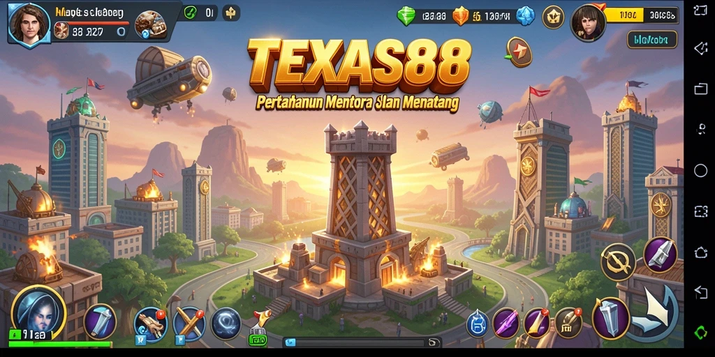 Screenshot gameplay TEXAS88 menampilkan pertahanan menara yang epik.