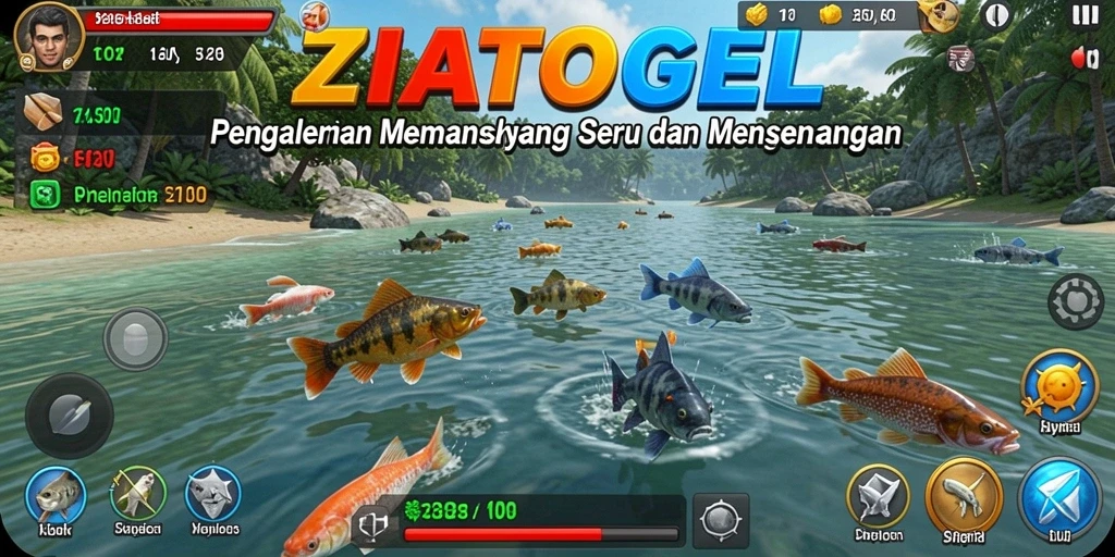 Screenshot gameplay ZIATOGEL menampilkan aksi memancing yang mendebarkan.