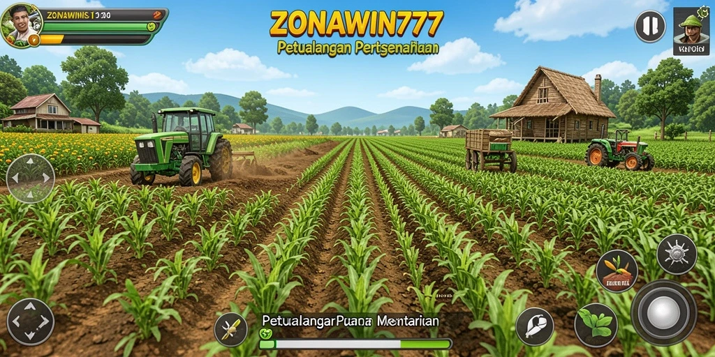 Screenshot gameplay ZONAWIN777 yang menampilkan kegiatan bertani dan beternak.